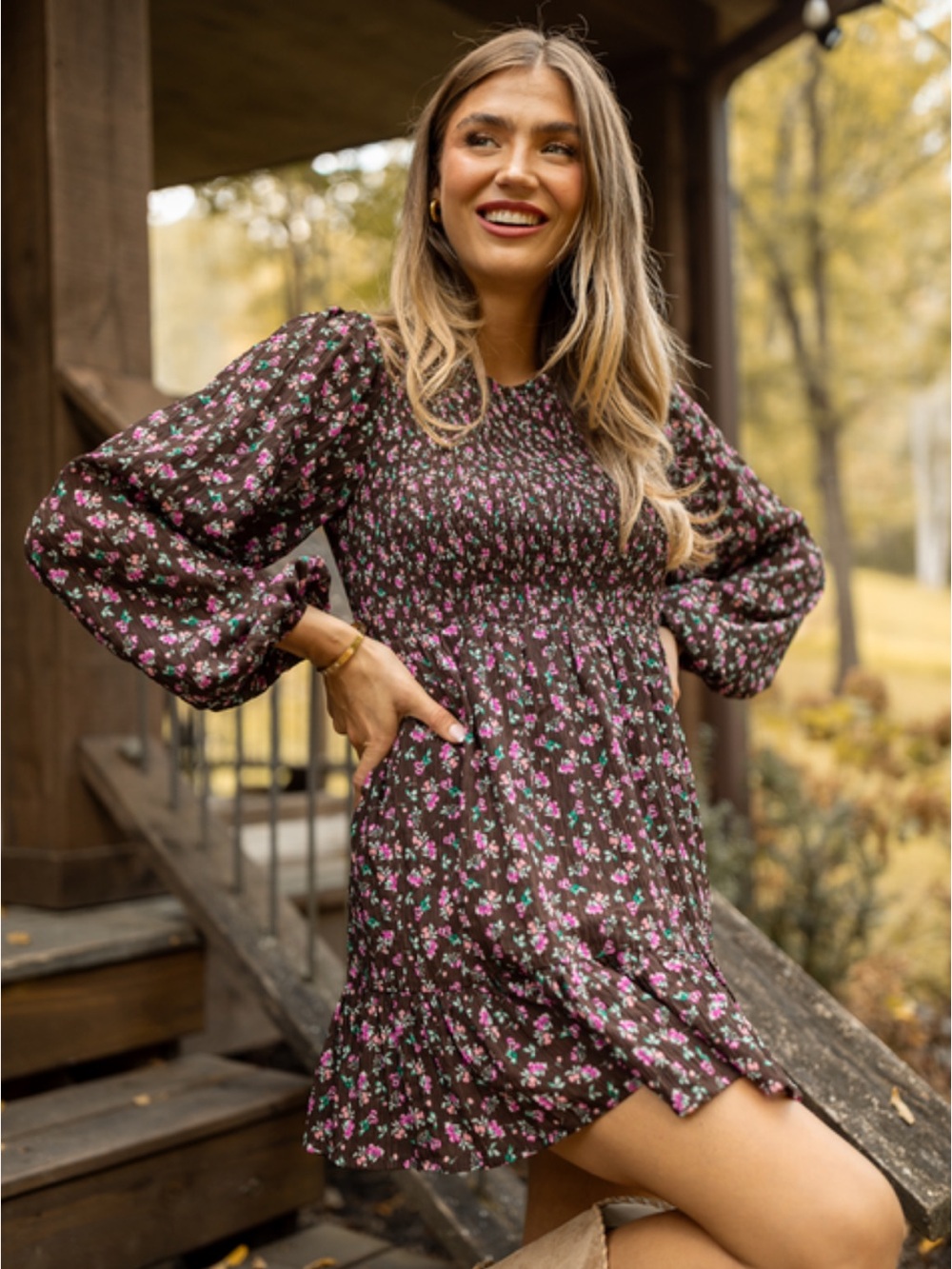 PINK LILY Smocked Brown Floral Mini Dress